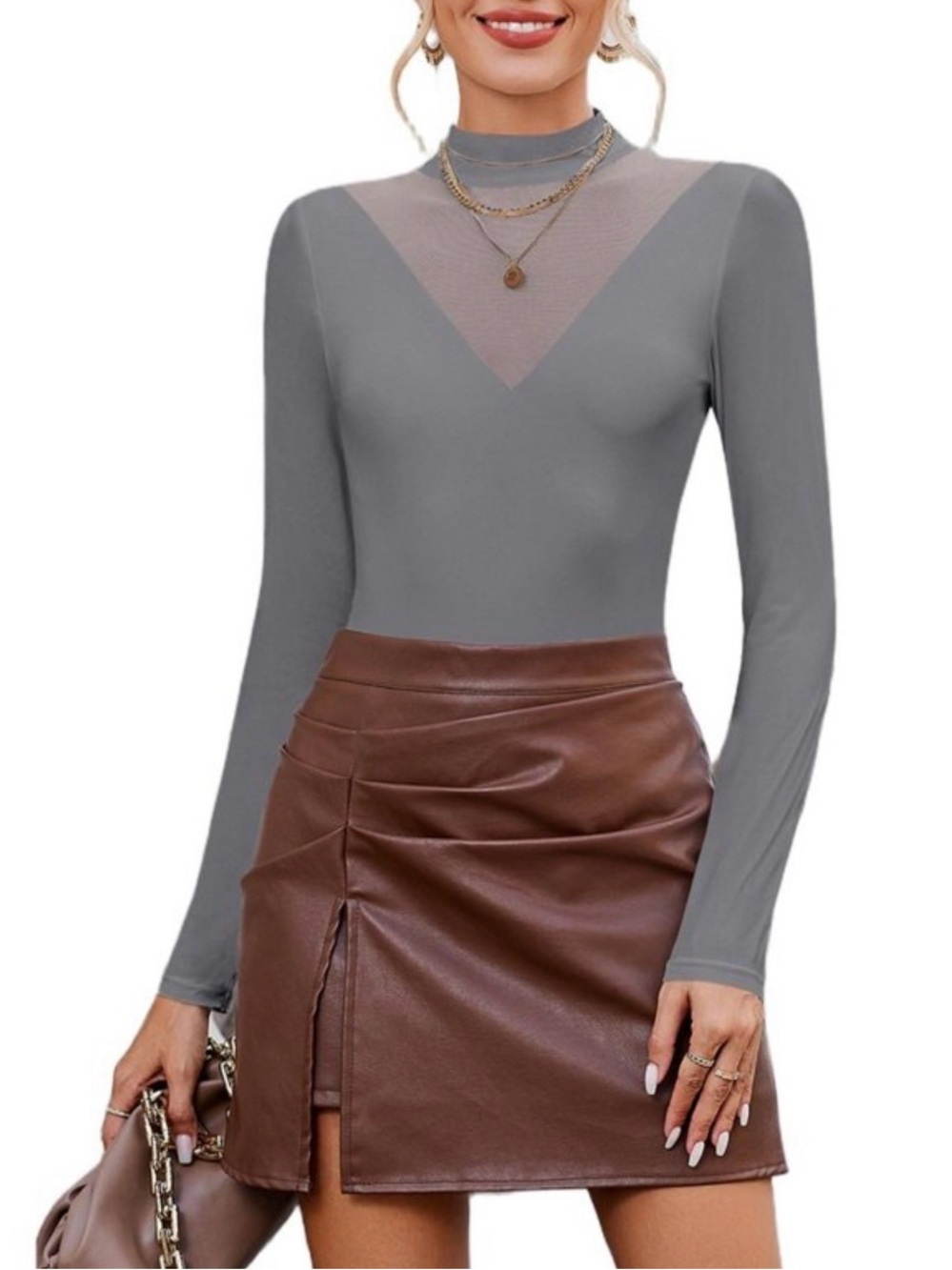 Avidlove Bodysuits for Women Long Sleeve Mesh Mock Grey Neck Body Suit -XL